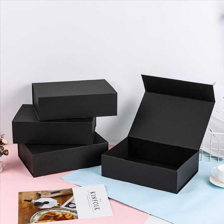 Kotak kertas lipat magnetis, kotak hadiah warna hitam matte dengan tutup magnetis