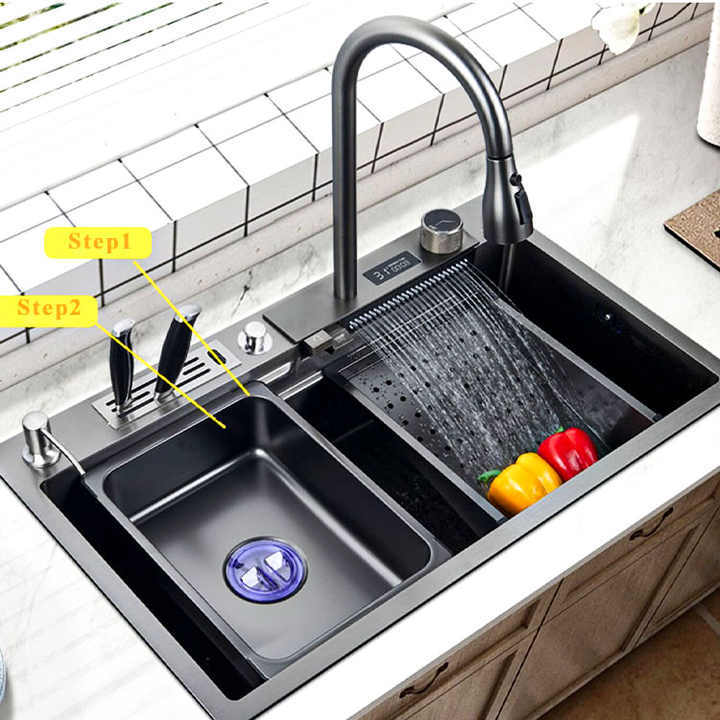 Wastafel dapur multifungsi, penghitung abu-abu persegi Stainless Steel tampilan Digital cerdas Modern