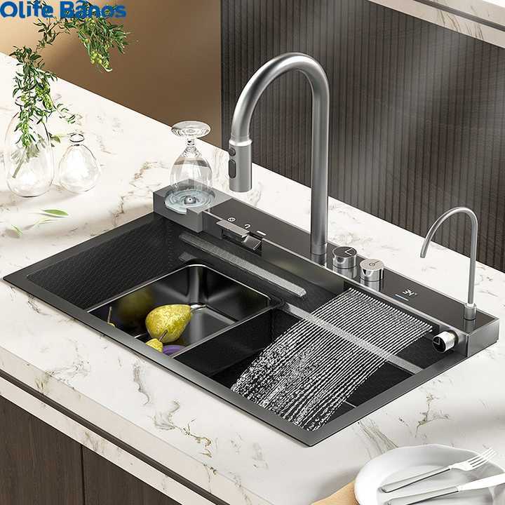 Olife Banos wastafel dapur dengan keran, bak cuci dapur baja tahan karat Slot tunggal besar bionik sarang lebah hitam