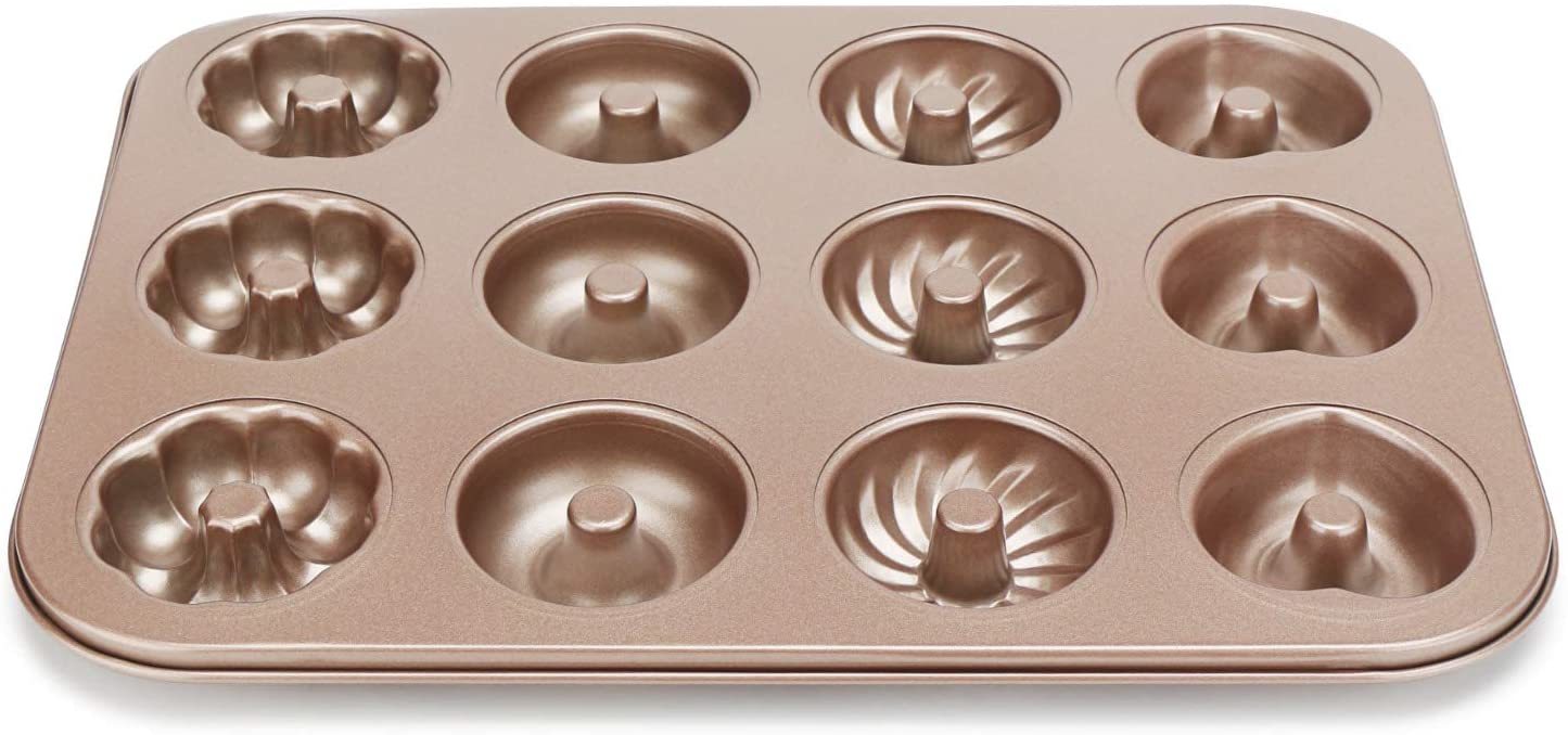 Wiปฏิเสธปรับแต่งครัวเหล็กคาร์บอน nonstick สีทองเค้กโดนัทถาดอบสำหรับ12โดนัทคัพเค้กทำเครื่องมือ