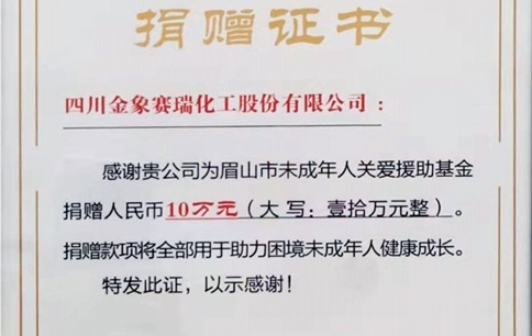 向眉山市慈善總會捐贈：未成年人關(guān)愛援助基金10萬元