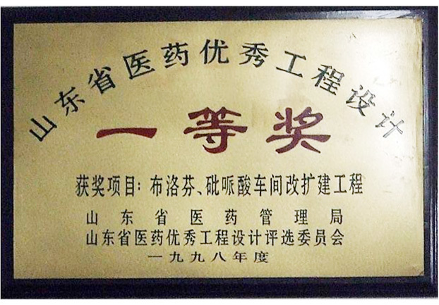 布洛芬、砒哌酸車間改擴建工程獲1998年度山東省醫(yī)藥優(yōu)秀工程設計一等獎