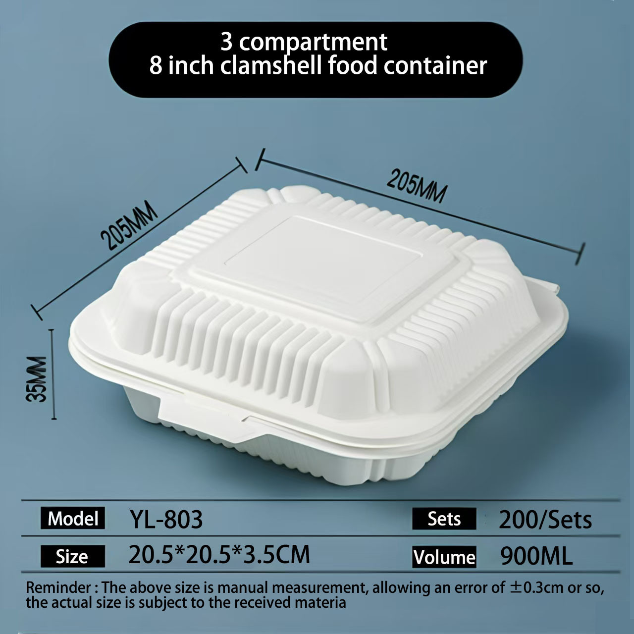 3 compartment 8 inch clamshell food container