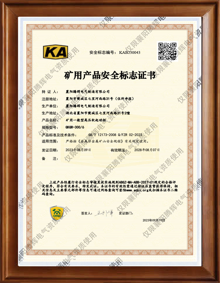 礦用一般型高壓軟啟動(dòng)柜GKGR-300/ 6 KA證書 礦用一般型高壓軟啟動(dòng)柜GKGR-300/ 6 KA證書