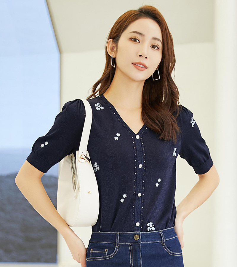 2023 Spring and Summer New Elegant Series Exquisite V-Neck Embroidered Short-Sleeved Sweater