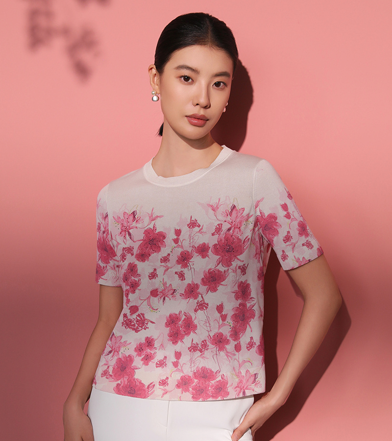 2025 Spring/Summer New Elegant Series Tencel Sweet Print Round Neck Short Sleeve Knitwear