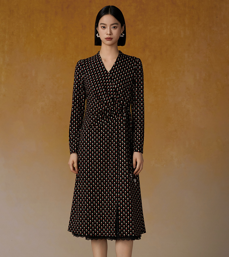 2024 Autumn/Winter New Elegant Series French Elegant Heart-shaped Print Waist Tea Break Dress