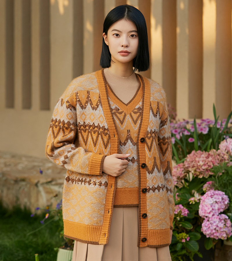 2023 Autumn and Winter New Casual Series Academic Style Old Flower Pattern Knitted Cardigan