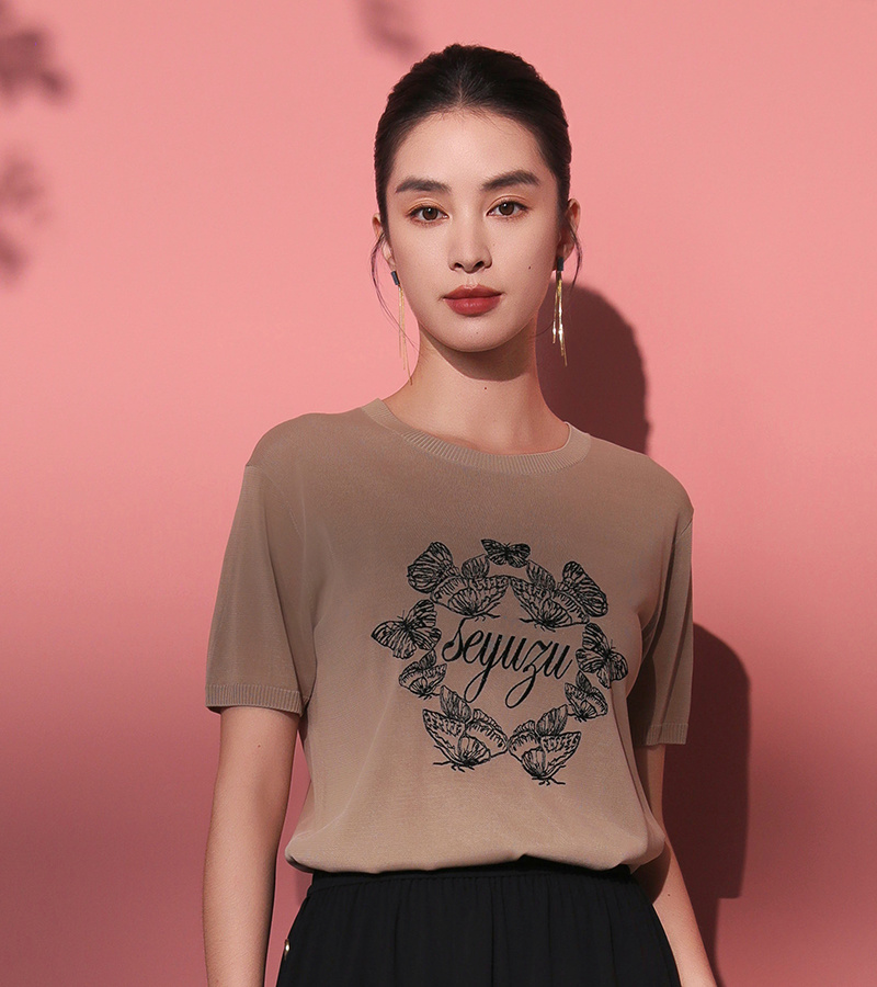 2025 Spring/Summer New Elegant Series Elegant Versatile Butterfly Embroidery Round Neck Short-sleeved Knitwear