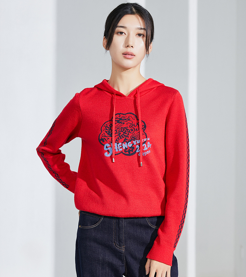 2023 Autumn and Winter New Casual Series Western Style Age-reducing Jacquard Hooded Pullover