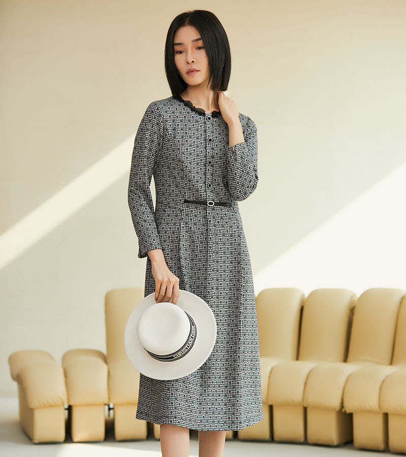 Autumn 2022 New Elegant Series Houndstooth Black and White Flower dress