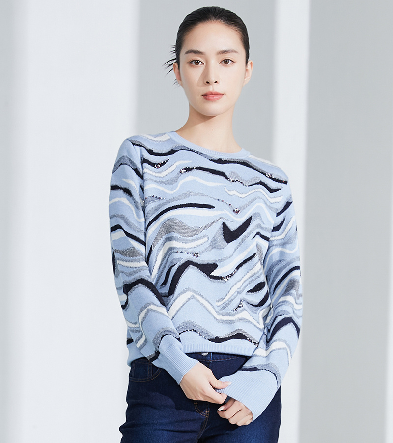 2023 autumn and winter new casual series abstract wavy crewneck jacquard sweater