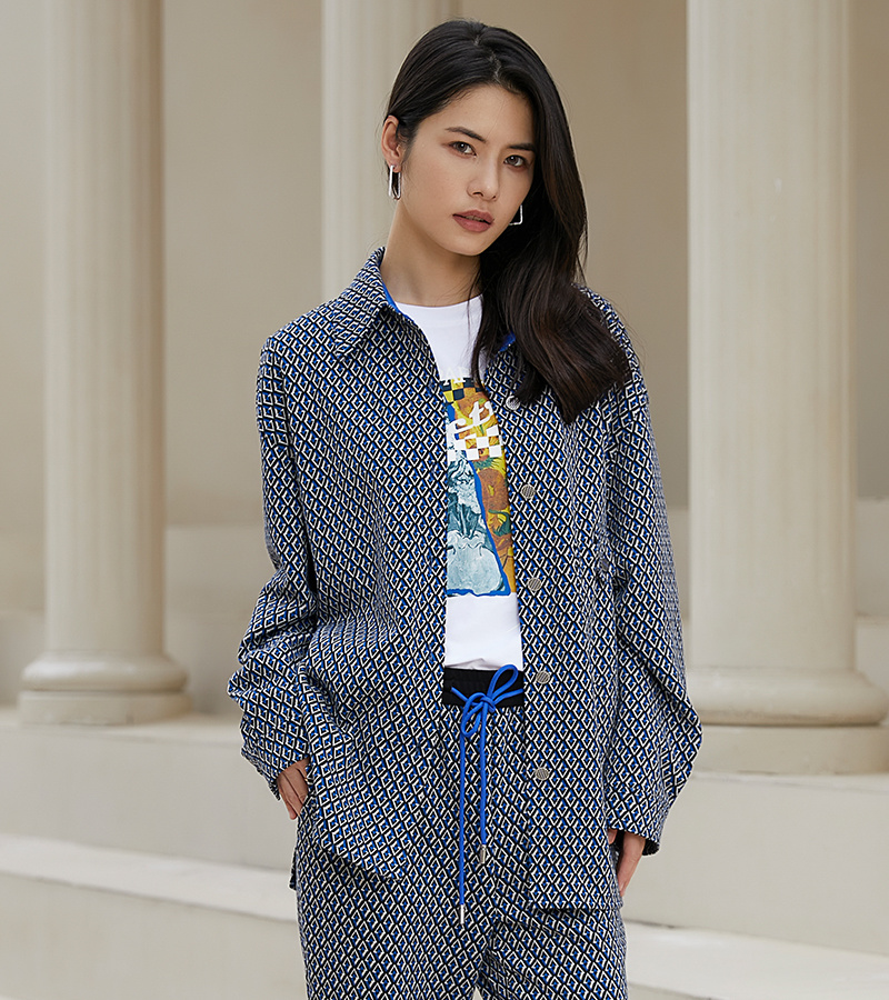 2022 Autumn and Winter New Distinctive Series Printed Long Sleeve POLO Collar Jacket Top