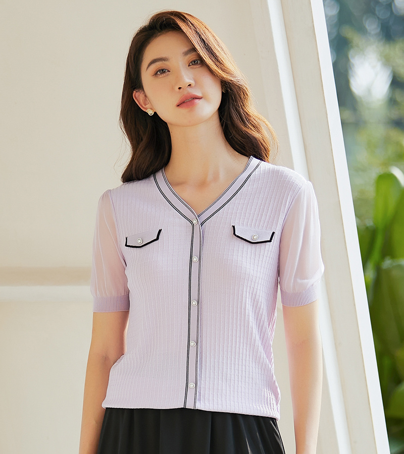 2023 Spring and Summer New Elegant Series Elegant V-neck Contrast Jacquard Knit Sweater