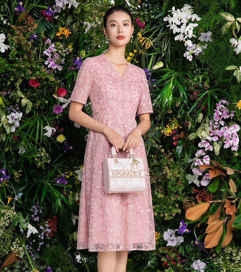 2024 spring and summer new elegant series sweet pink begonia flower embroidery exquisite dress