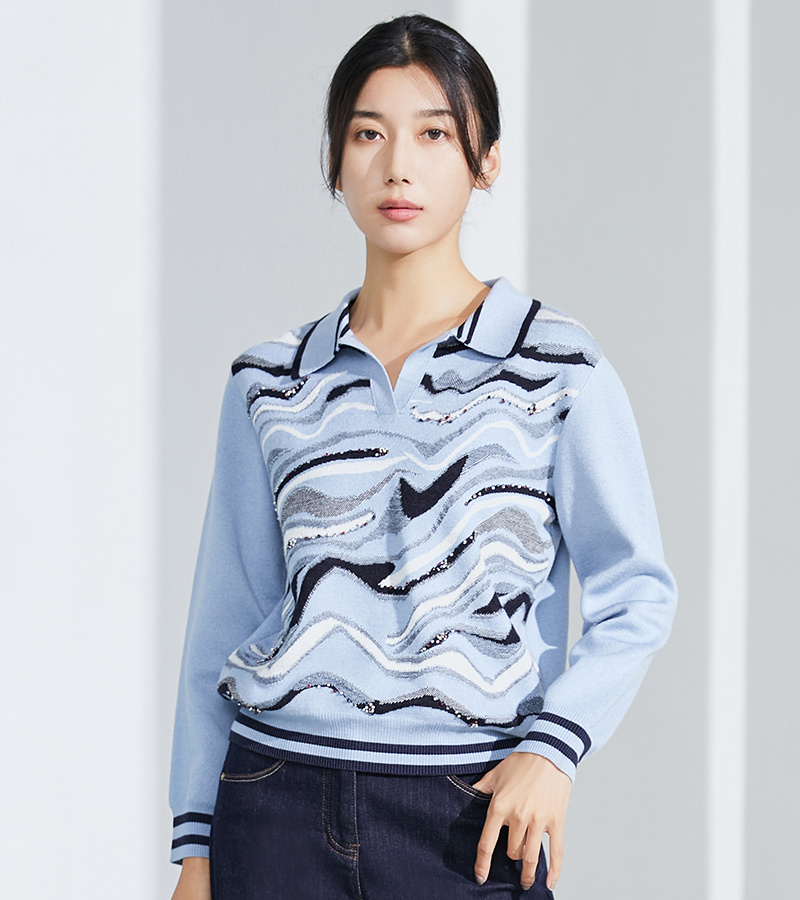 2023 autumn and winter new casual series abstract wavy lapel jacquard sweater