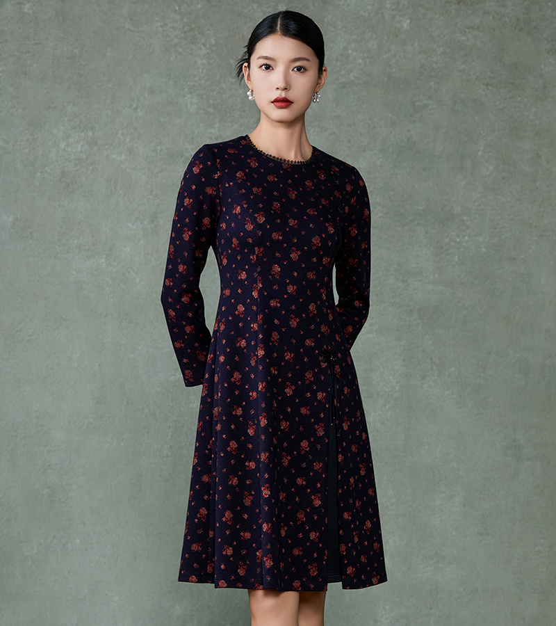 2024 Autumn/Winter New Elegant Series Chinese style Round Neck Waist Printed Dress