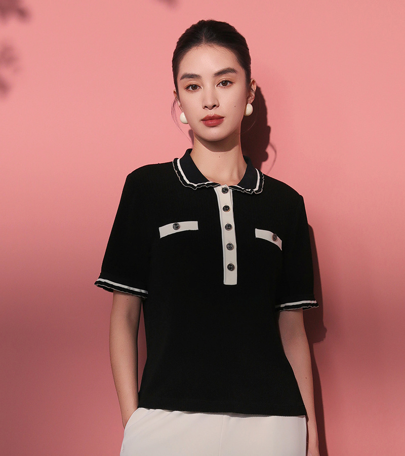 2025 Spring/Summer New Elegant Series Fashion Commuter Perfume-Style Polo Collar Colorblock Top