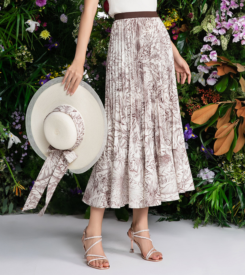2024 Spring and Summer New Elegant Series French Elegant Printed Pleated High Waist Skirt