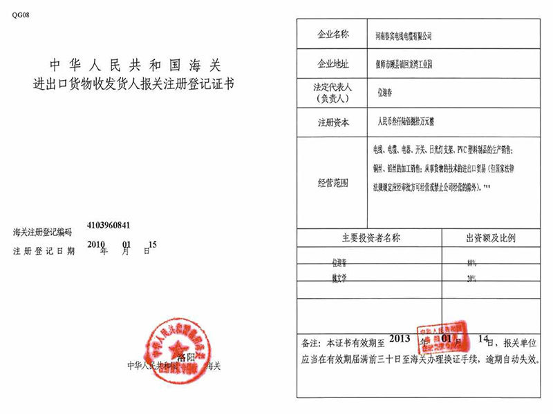 海关登记证书