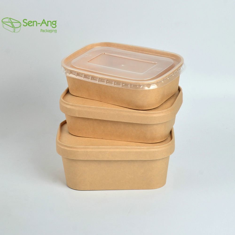 Rectangle Takeaway White And Brown Microwavable Salad Paper Box with Lid