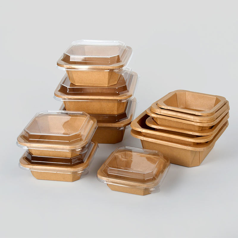 In Stock 500ml Kraft Paper Octagonal Paper Salad Bowl with Lid