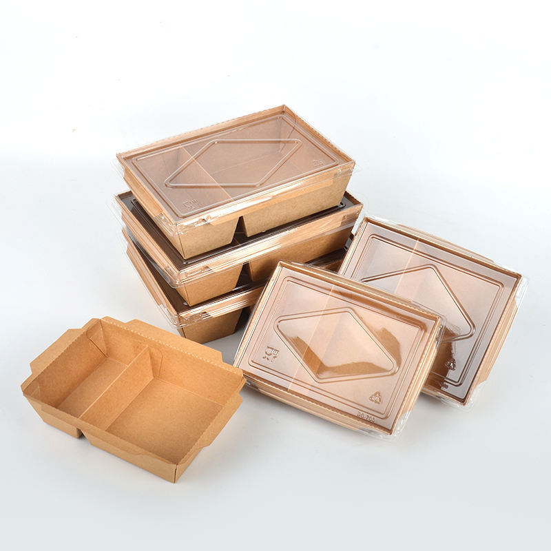 Customized Takeaway Food Lunch Box with Clear PET Lid Kraft Paper Box
