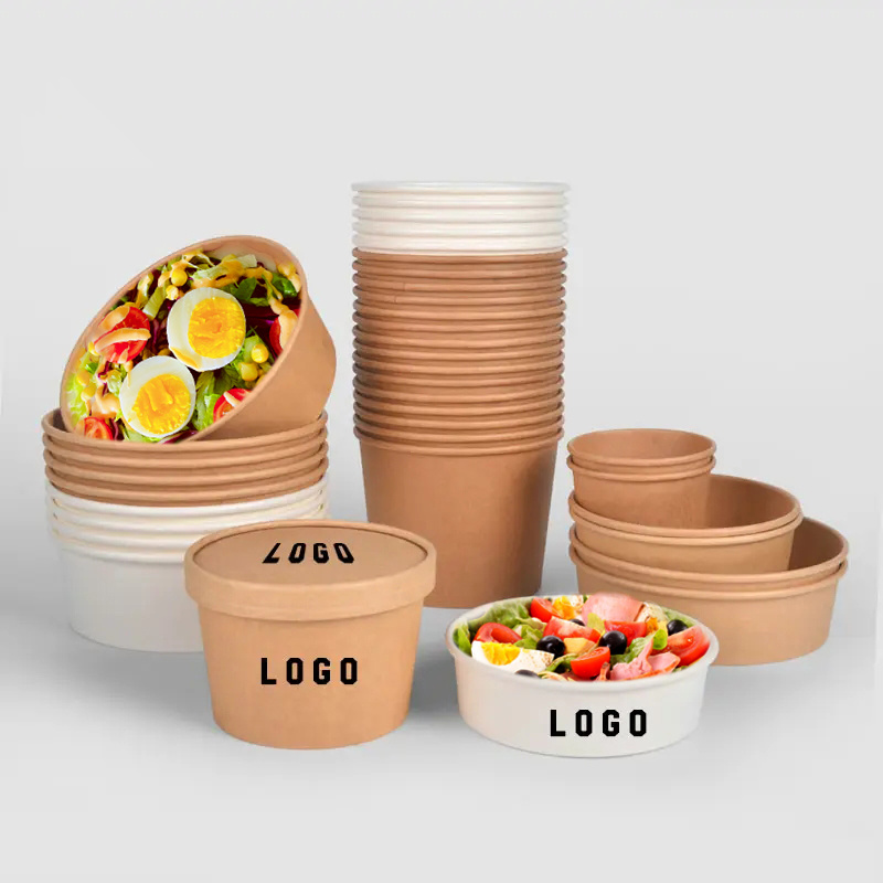 Custom Disposable Kraft Paper Bowl Take Away Kraft Paper Salad Bowl with PET Lid