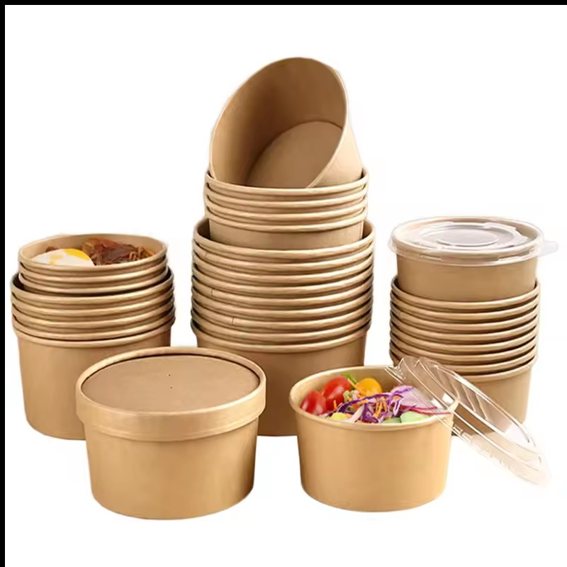 Factory Supply Custom Logo 100 Sets Eco-friendly Round Kraft Takeaway Bowl with Lid