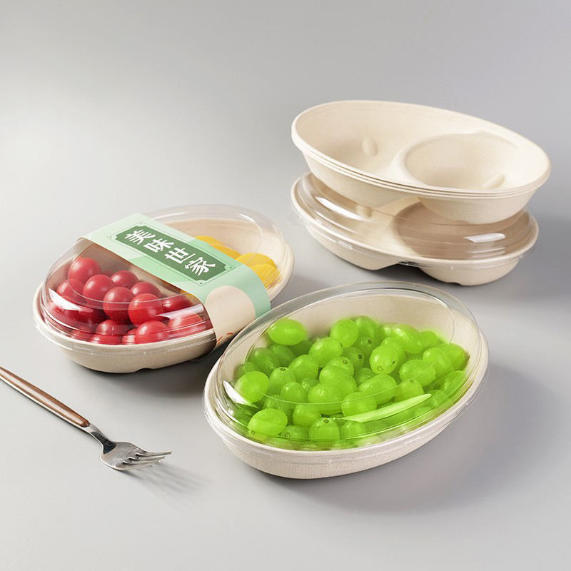 Disposable Eco-Friendly Single And Double Division Oval Bagasse Bowl