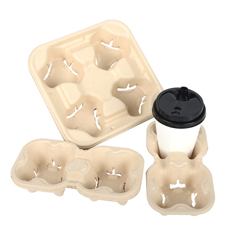 Biodegradable Sugarcane Cup Tray Takeaway White Square Coffee Cup Holder