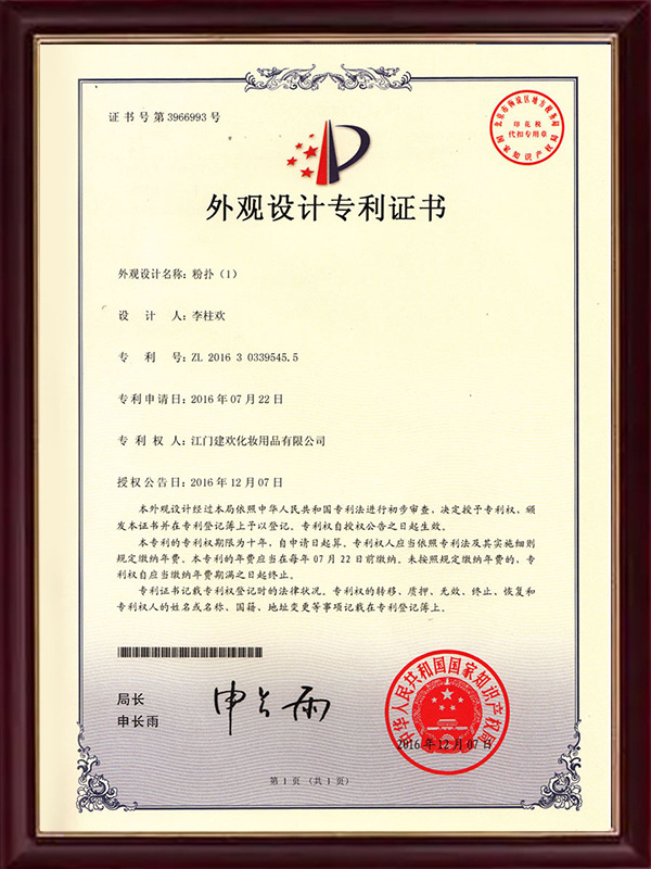 双色笑脸带肩企鹅 (外观型) 专利证书