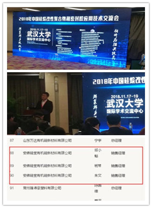 近兩年來，中央和地方環(huán)保督查力度不斷加強、原料暴漲一波接一波，生產企業(yè)尤其硅膠生產企業(yè)已進入水深火熱之中，“誰生產，誰虧本”的尷尬局面，如何適應當今市場經濟形勢，保證產品的出廠質量?如何正確面對環(huán)保督查?如何調整產品結構，進行轉型升級?如何為中國制造、中國品牌、質量提升作出自己的貢獻?我司高管參加廣東省有機硅工業(yè)協(xié)會在湖北武漢大學國際學術交流中心召開2018年第一屆二次硅烷改性聚醚密封膠技術與應用交流會，并且我司總經理邱小魁同志在交流會做學術報告。
