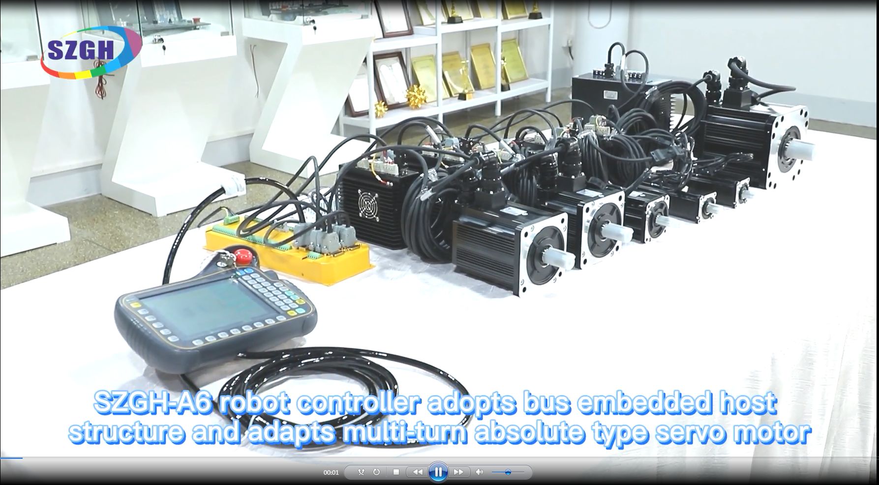 SZGH-A6 robot controller adopts bus embedded host structure and adapts multi-turn absolute type servo motor, which can support 6-8 axis control, PLC online editing function and so on