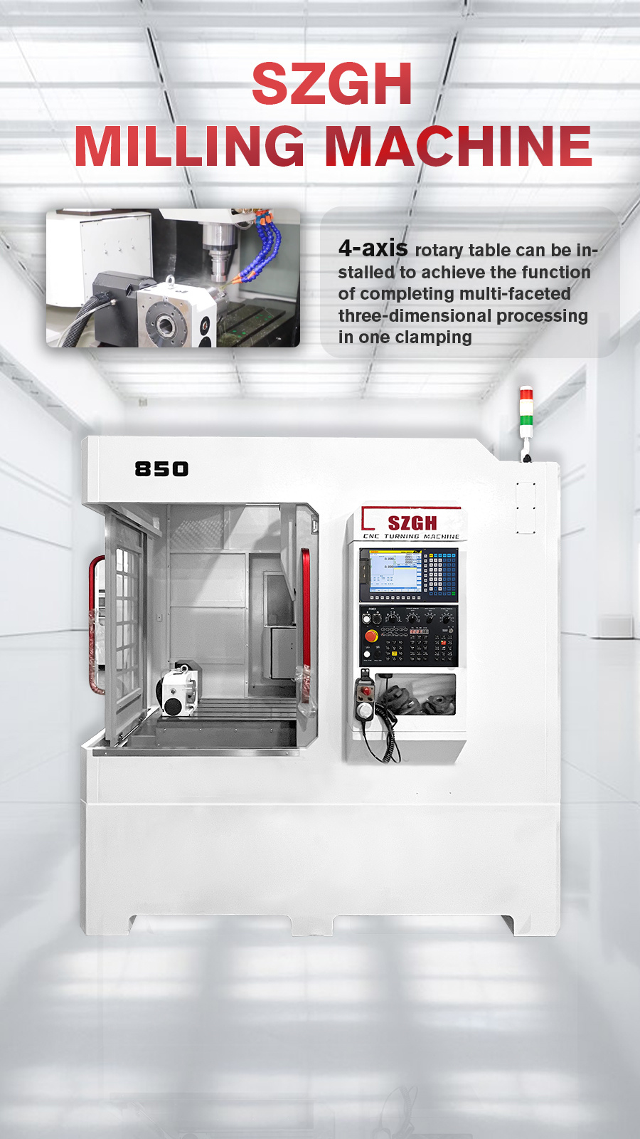CNC milling machine center SZGH-850 with 4 axis rotary table metal processing proofing