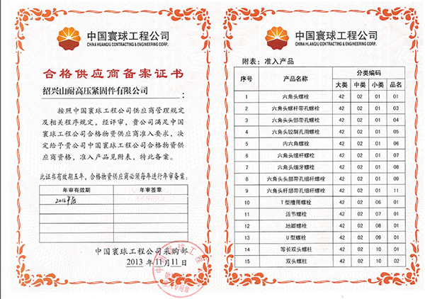 Supplier Qualification Certificate of China Huanqiu Engineering Company