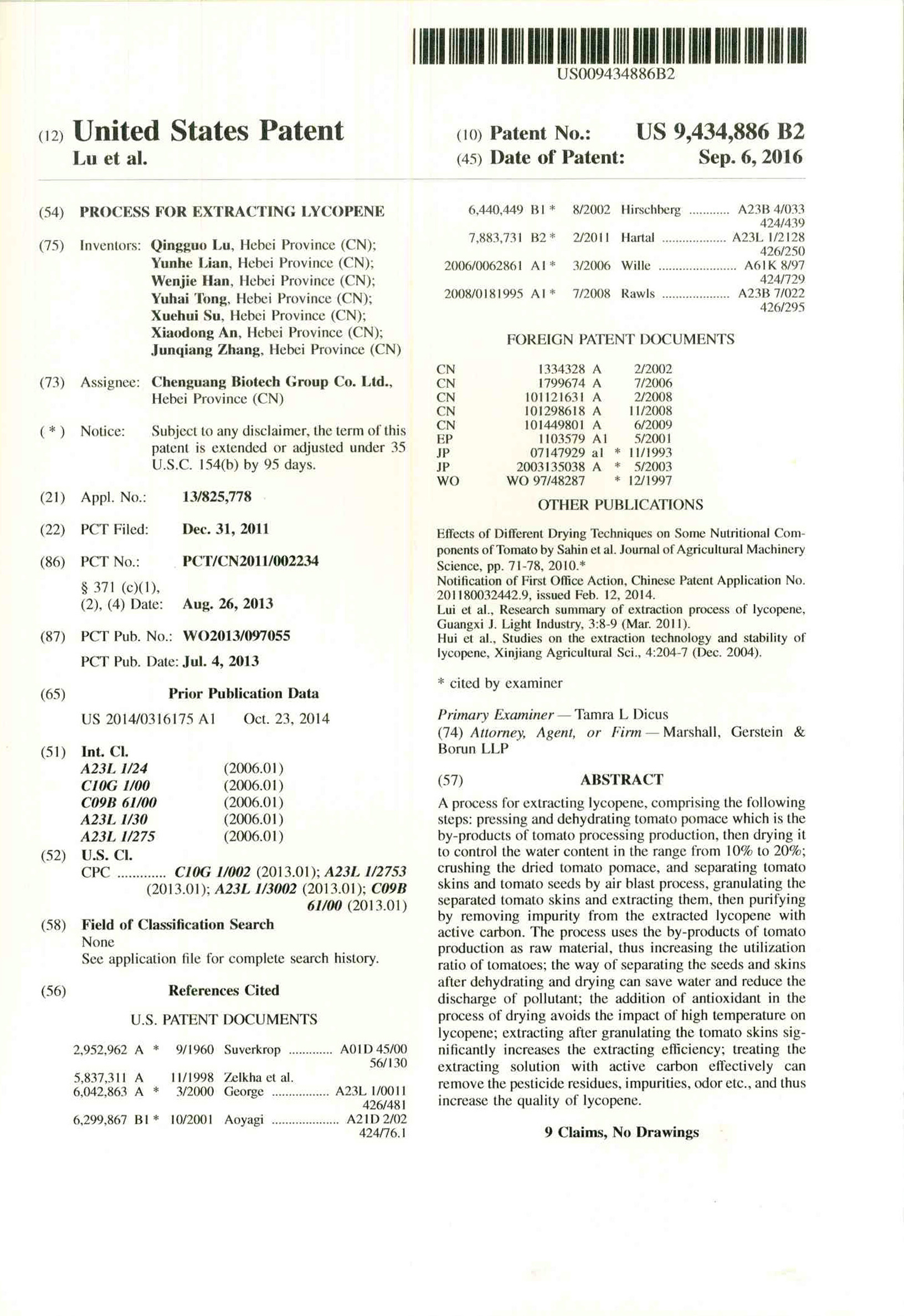 process for extracting lycopene(USPTO)