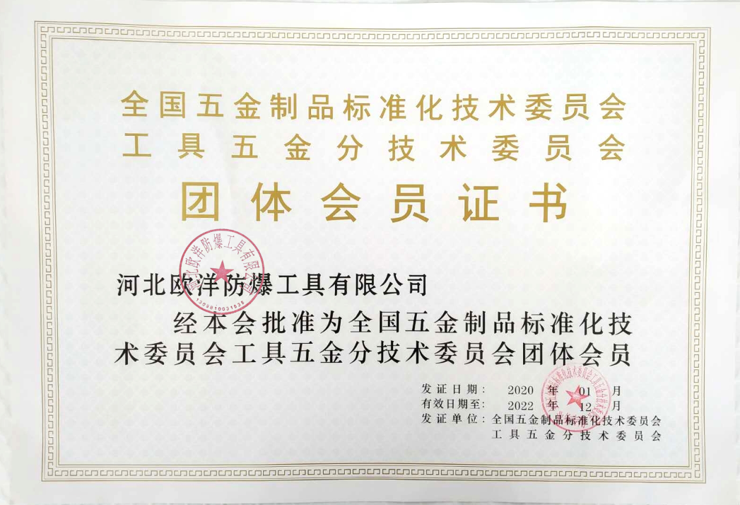 全國五金制品標(biāo)準(zhǔn)化技術(shù)委員會工具五金分技術(shù)委員會團(tuán)體會員證書