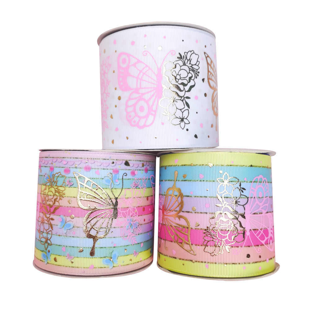 new design 75MM gold foil butterfly design printed with grosgrain ribbon 