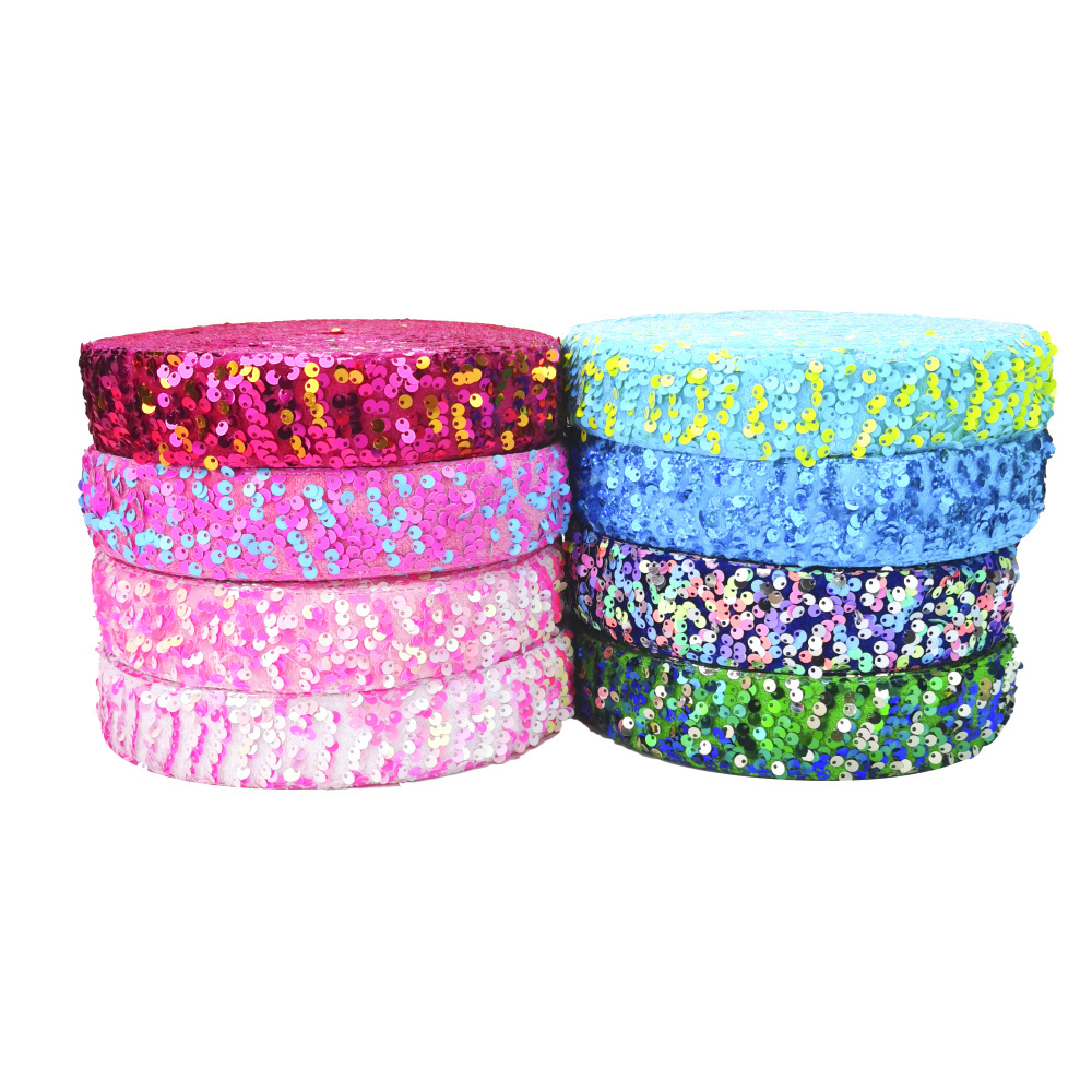 New Arrival Decoration 38mm Velvet Fabric Green Red Custom Sequin Ribbon For Hair Bows Headband 25yards per roll
