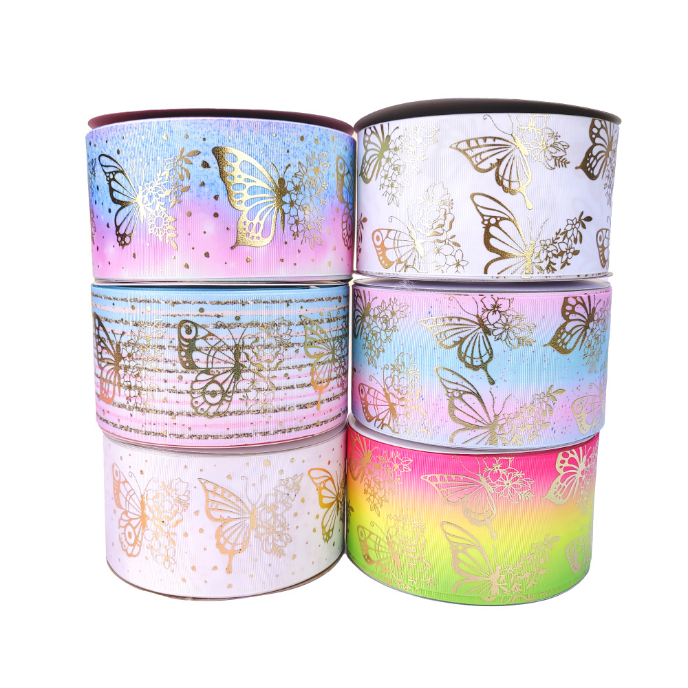 new design 75MM gold foil butterfly design printed with grosgrain ribbon 