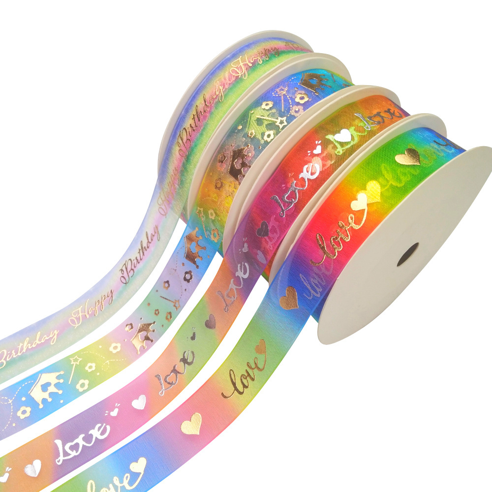 Logotipo personalizado oro frustrado satén Arco Iris cinta 10 yardas por rollo