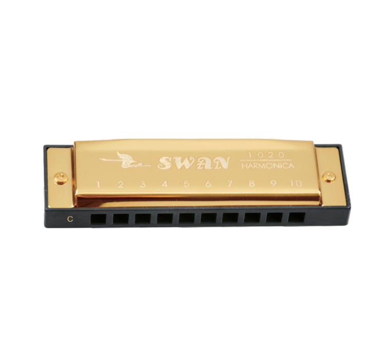 SW1020H-4 10 hole 20 tone senior square blues laser-printing golden harmonica(large spec\plastic box）