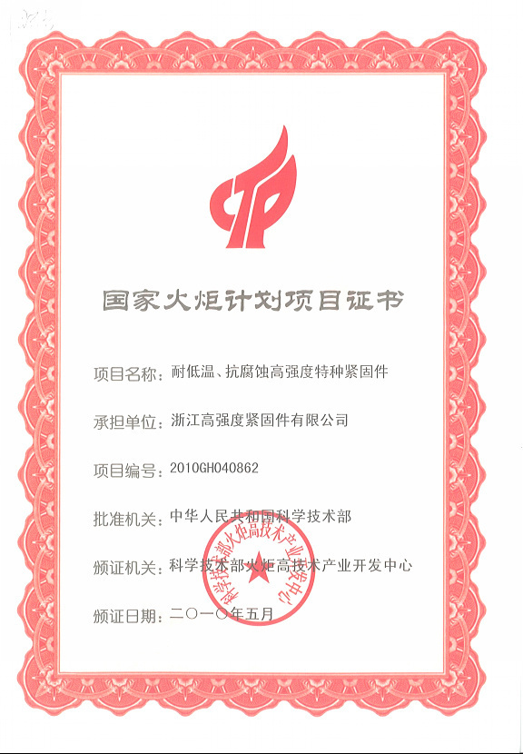 National Torch Program Project Certificate