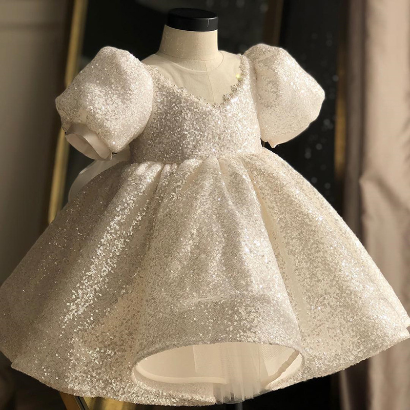 【可贝天使】儿童公主裙白色亮片宝宝一周岁礼服婴儿连衣裙女童生日礼服公主裙