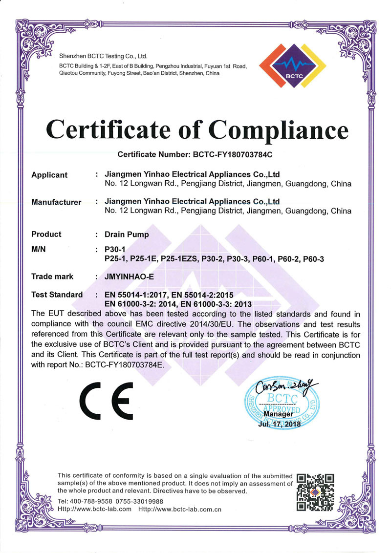 Drain pump 55014-1 EMC certificate