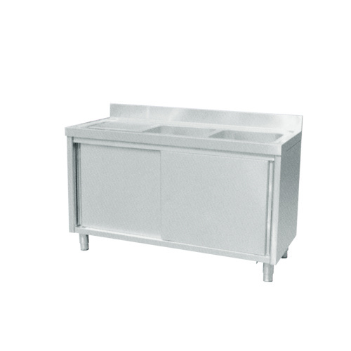 Commercial sink with left 2 bowls and right board