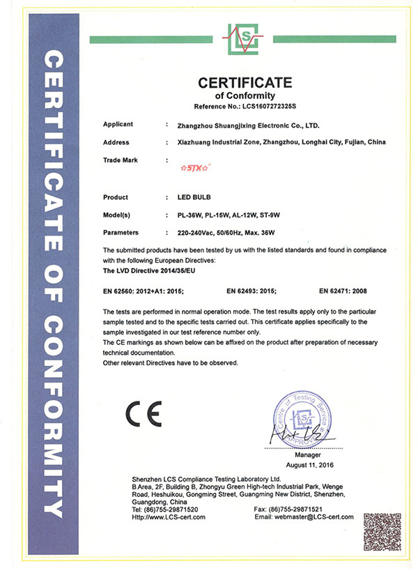 LED Bulb Certificate of Conformity