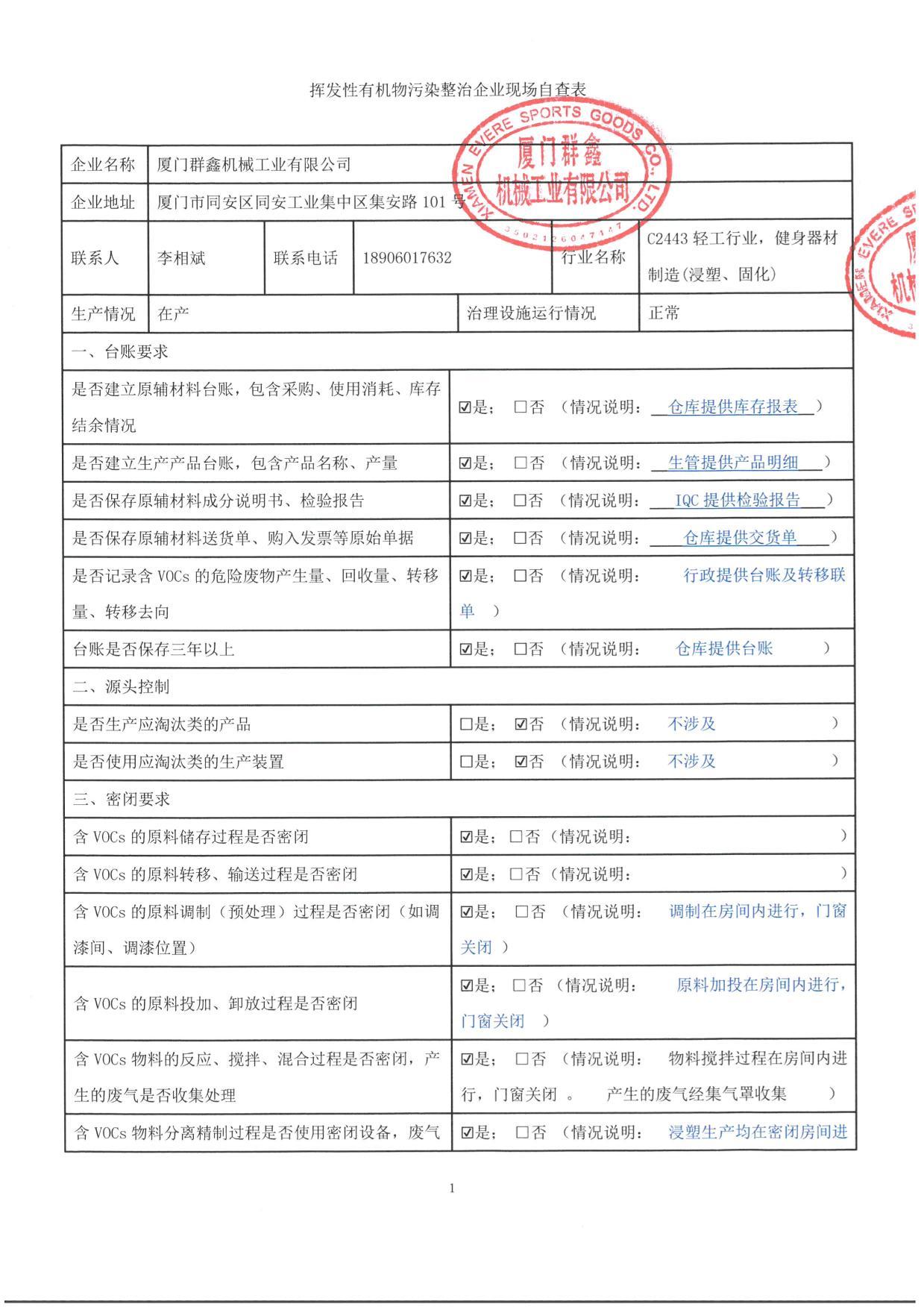 揮發性有機污染整治 企業現場自查表