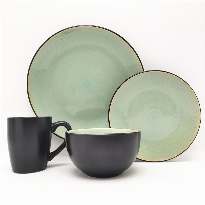 Classic Green Color Reactive Glazed Stoneware Dinnerware 16pcs for 4 Persons